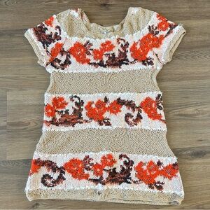 Knitted Knotted Anthropologie Short Sleeve Sweater Beige Orange Cottagecore XS